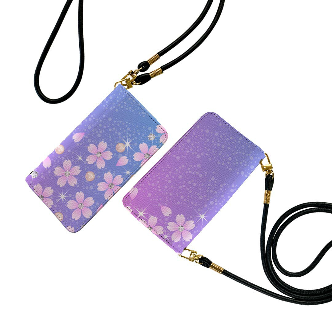 シンプルスマホ4 704SH ストラップ付き ケース ショルダー スマホ 落下防止 手帳型 マグネット式 ピタッと閉まる スマホカバー 肩掛け 斜めかけ 005359 桜　花　キラキラ