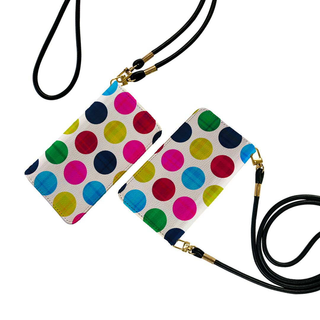 iPhoneSE ケース 第2世代 / 第3世代 iPhone 7 / iPhone 8 共通対応 アイフォーン iphone se ストラップ付き ケース ショルダー スマホ 落下防止 手帳型 マグネット式 ピタッと閉まる スマホカバー 肩掛け 斜めかけ 005468 カラフル　模様　水玉