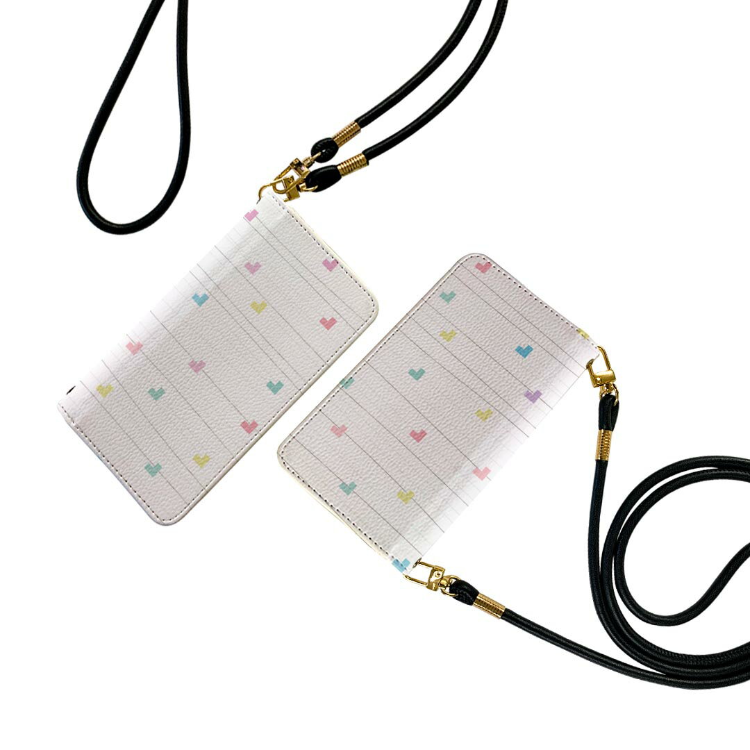 iPhone13 6.1インチ 専用 各キャリア ストラップ付き iphone 13 ケース ショルダー スマホ 落下防止 手帳型 マグネット式 ピタッと閉まる スマホカバー 肩掛け 斜めかけ 005553 ハート 模様