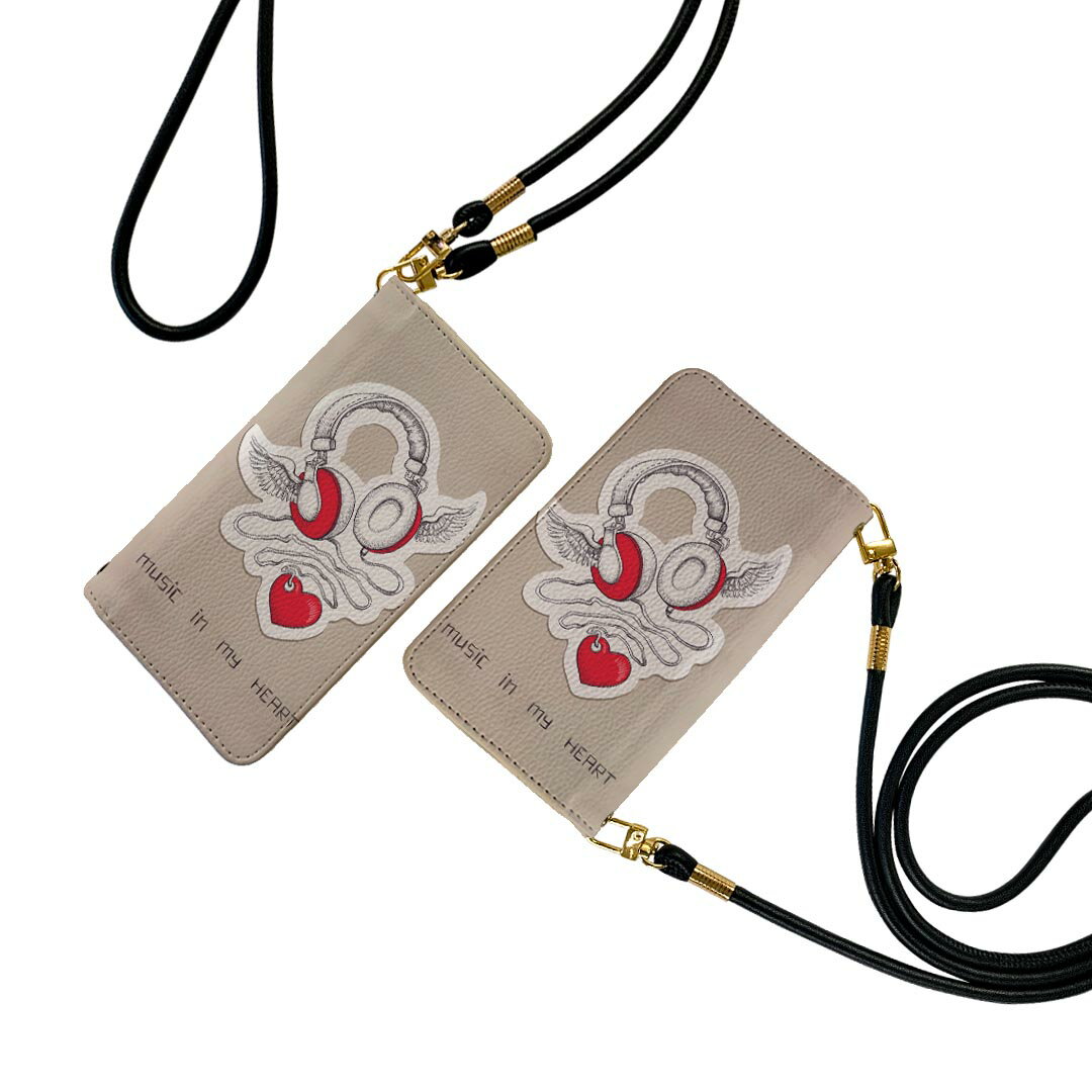 OPPO A54 5G 対応 OPG02 ストラップ付き oppoa54 ケース ショルダー スマホ 落下防止 手帳型 マグネット式 ピタッと閉まる スマホカバー 肩掛け 斜めかけ 005697 イラスト　ハート　ヘッドフォン