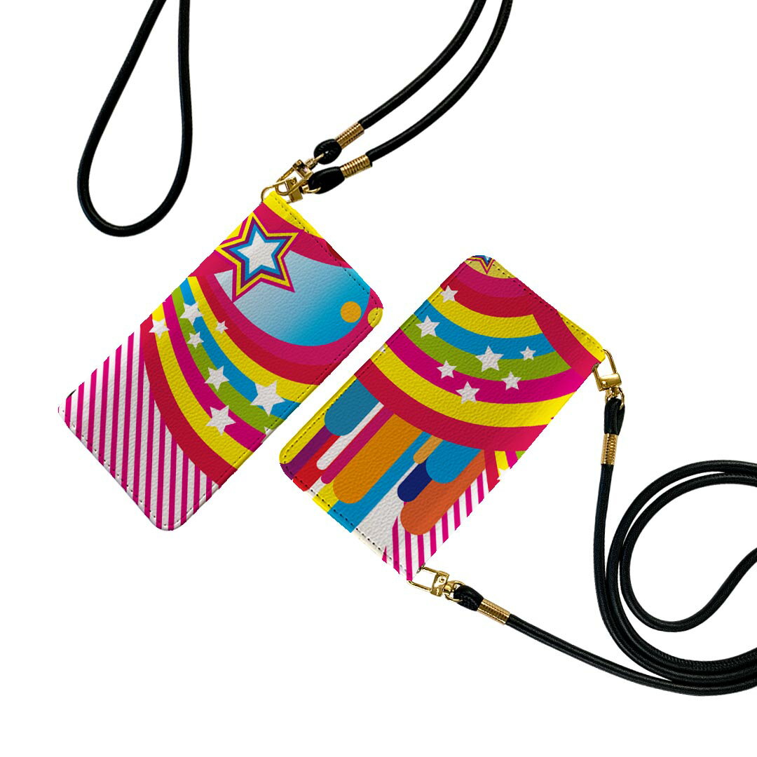 iPhone12 6.1インチ 専用 各キャリア iPhone 12 / iPhone12 Pro 共通対応 ストラップ付き ケース ショルダー スマホ 落下防止 手帳型 マグネット式 ピタッと閉まる スマホカバー 肩掛け 斜めかけ 005824 カラフル レインボー 星