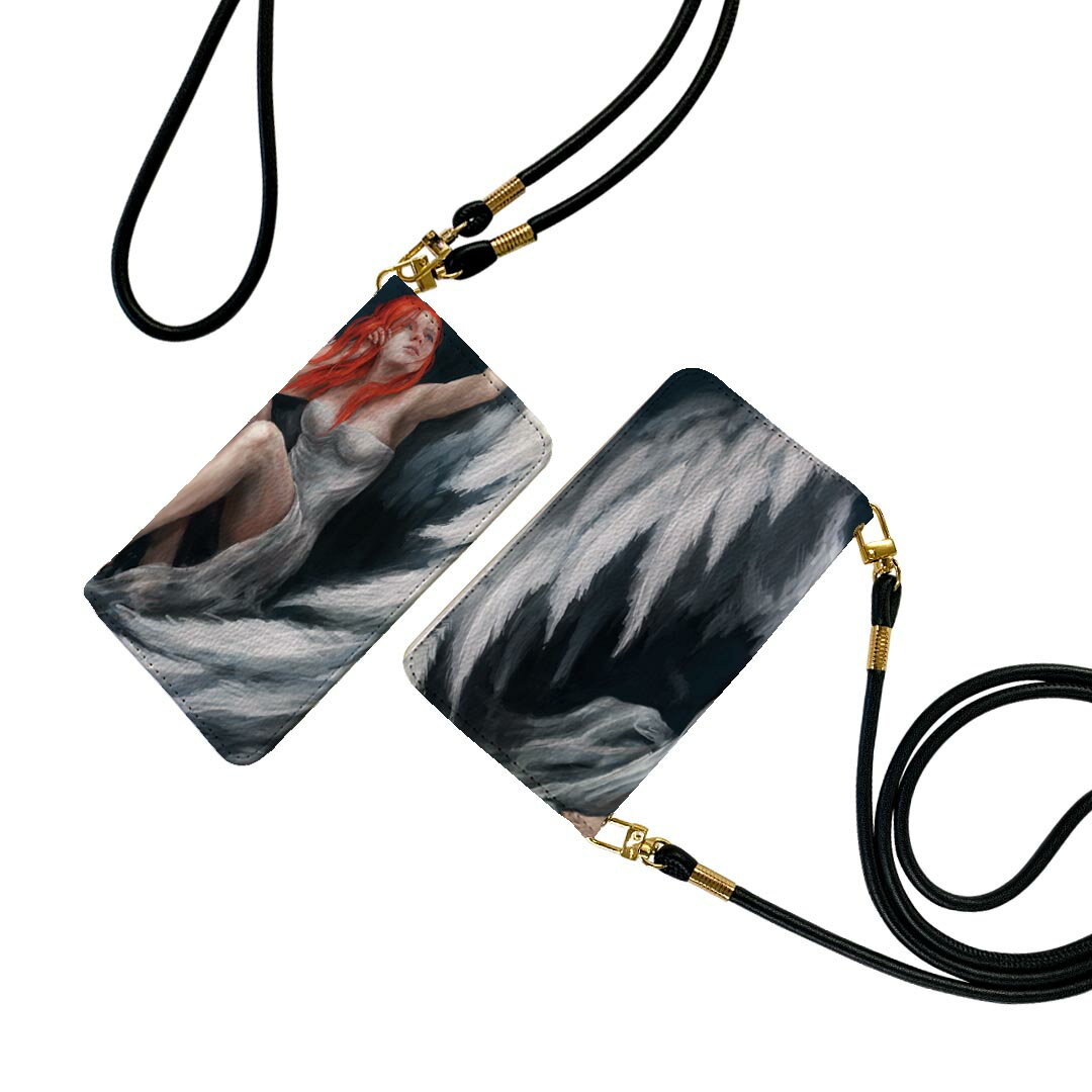 SHV44 AQUOS R3 アクオス アールスリー ストラップ付き ケース ショルダー スマホ 落下防止 手帳型 マグネット式 ピタッと閉まる スマホカバー 肩掛け 斜めかけ 005896 イラスト　人物　羽　天使