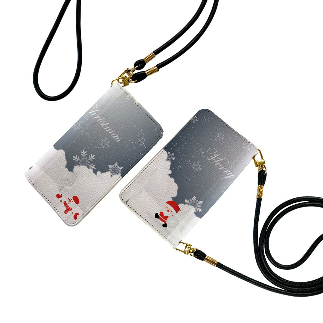 らくらくスマートフォン F-52B ストラップ付き f52b ケース ショルダー スマホ 落下防止 手帳型 マグネット式 ピタッと閉まる スマホカバー 肩掛け 斜めかけ 006755 クリスマス サンタ 雪