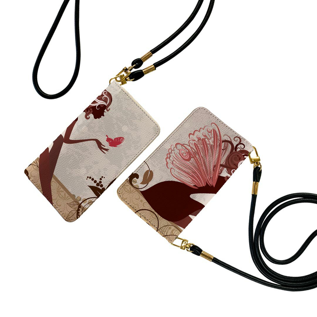 iPhone12 Pro Max 6.7インチ 専用 アイフォン12 iphone12promax 各キャリア対応 ストラップ付き ケース ショルダー スマホ 落下防止 手帳型 マグネット式 ピタッと閉まる スマホカバー 肩掛け 斜めかけ 007095 人物　蝶