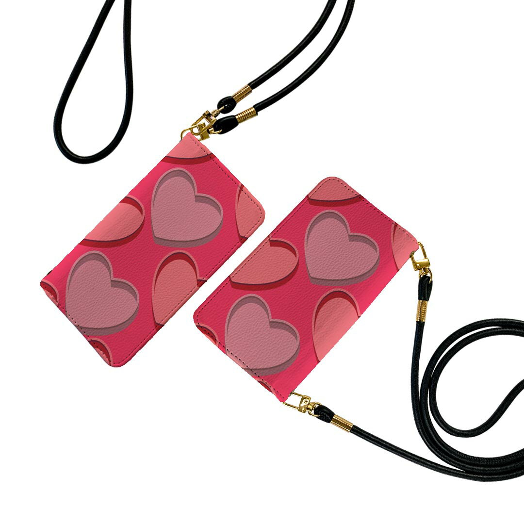 iPhone12 6.1インチ 専用 各キャリア iPhone 12 / iPhone12 Pro 共通対応 ストラップ付き ケース ショルダー スマホ 落下防止 手帳型 マグネット式 ピタッと閉まる スマホカバー 肩掛け 斜めかけ 007128 ハート　模様