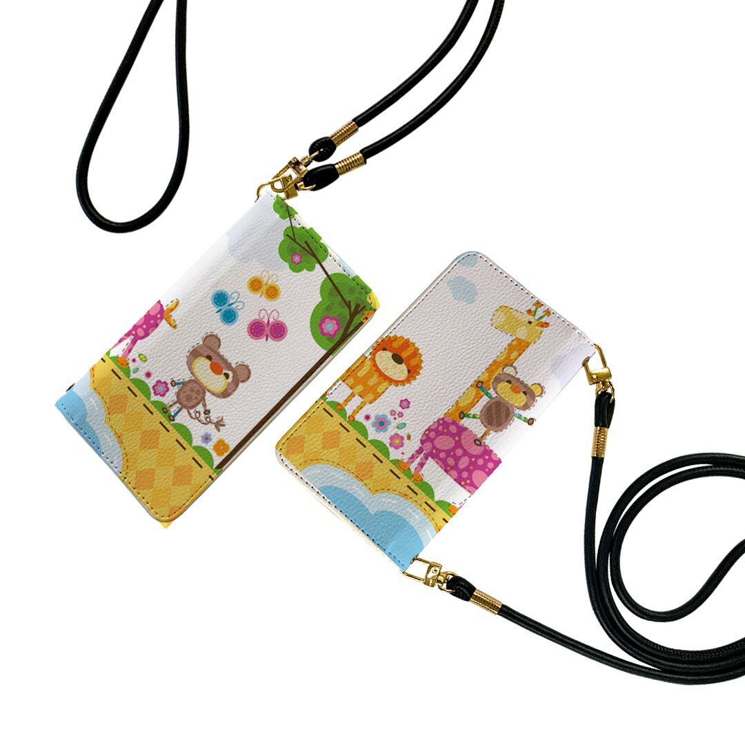 arrows Alpha F-51F 用 手帳型ケース ストラップ付き f51f ショルダー スマホ 落下防止 手帳型 マグネット式 ピタッと閉まる スマホカバー 肩掛け 斜めかけ 007280 動物　カラフル　キャラクター