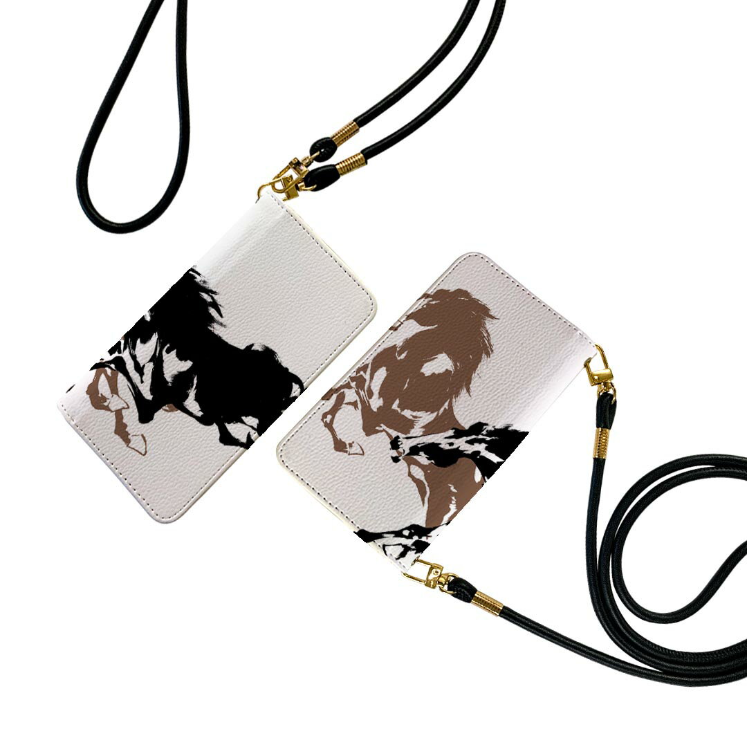 SC-02L Galaxy Feel2 ギャラクシー フィールツー ストラップ付き sc02l ケース ショルダー スマホ 落下防止 手帳型 マグネット式 ピタッと閉まる スマホカバー 肩掛け 斜めかけ 007365 馬　イラスト　黒　ブラック　ブラウン(2.0)