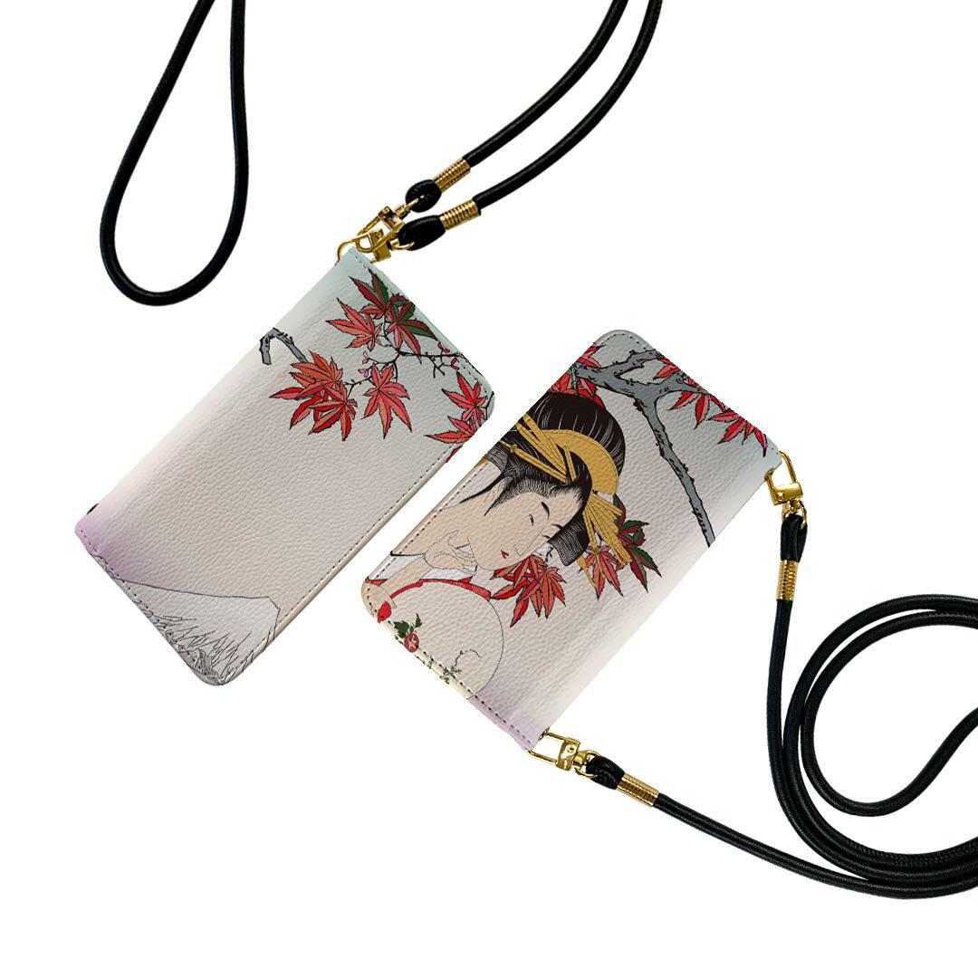 Xperia Ace II SO-41B エクスペリア ストラップ付き so41b ケース ショルダー スマホ 落下防止 手帳型 マグネット式 ピタッと閉まる スマホカバー 肩掛け 斜めかけ 007438 日本語・和柄 和風　和柄　浮世絵　紅葉