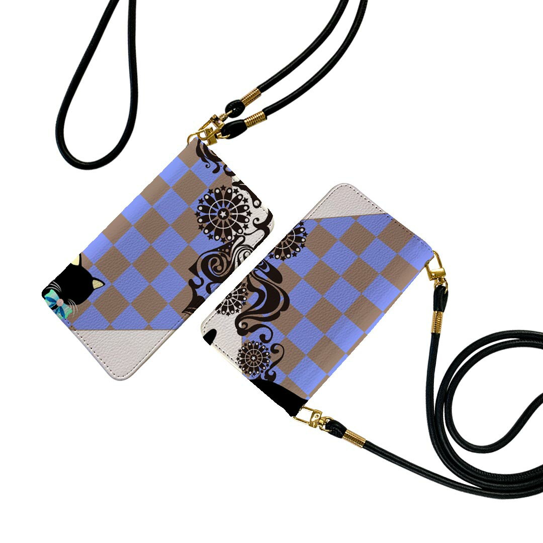 Galaxy S25 用 SC-51F / SCG31 (SM-S931) 共通対応 ケース ストラップ付き sc51f ショルダー スマホ 落下防止 手帳型 マグネット式 ピタッと閉まる スマホカバー 肩掛け 斜めかけ 007516 チェック　猫　ネコ　市松模様