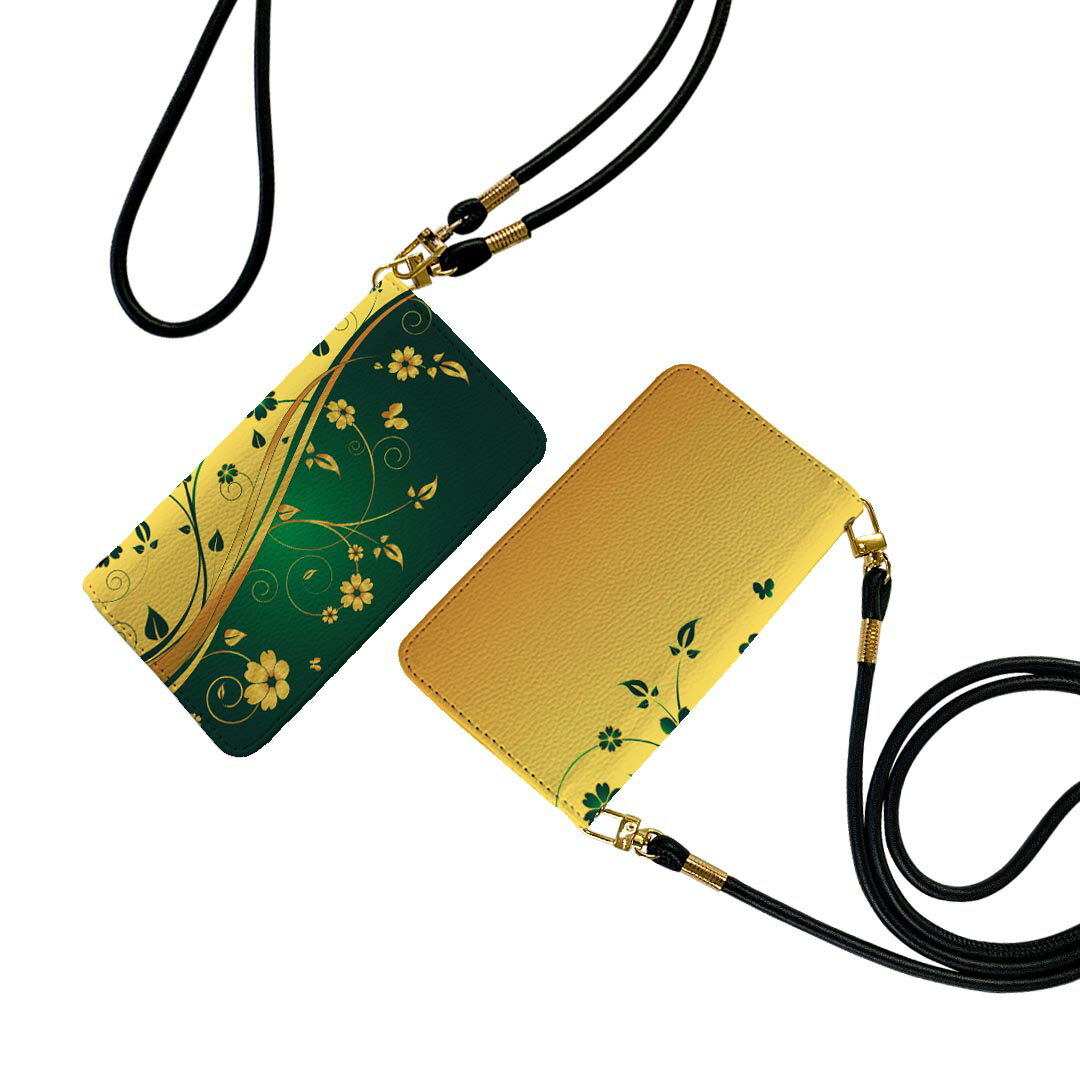 SHV42 AQUOS R2 アクオスアールツー au エーユー ストラップ付き ケース ショルダー スマホ 落下防止 手帳型 マグネット式 ピタッと閉まる スマホカバー 肩掛け 斜めかけ 007556 花　　緑　グリーン　イエロー