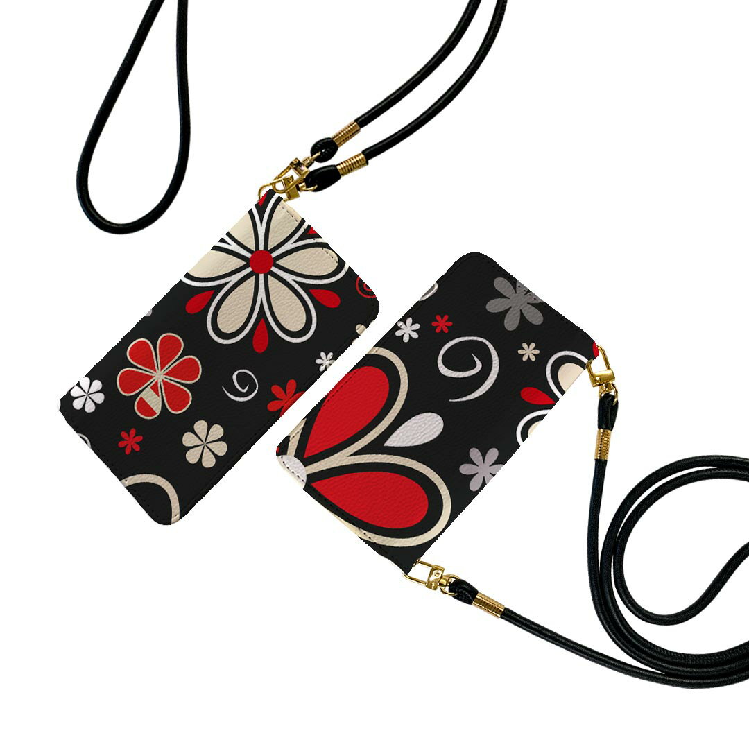 F-01J arrows NX アローズ NX ストラップ付き f01j ケース ショルダー スマホ 落下防止 手帳型 マグネット式 ピタッと閉まる スマホカバー 肩掛け 斜めかけ 007735 花 赤 レッド 模様