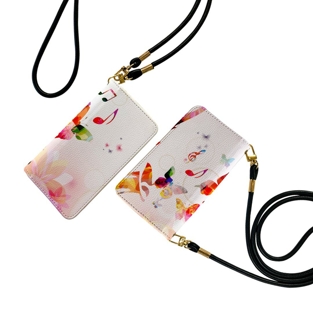 Galaxy A51 5G SC-54A ギャラクシー ストラップ付き sc54a ケース ショルダー スマホ 落下防止 手帳型 マグネット式 ピタッと閉まる スマホカバー 肩掛け 斜めかけ 007858 花　　楽器　蝶　カラフル(2.0)