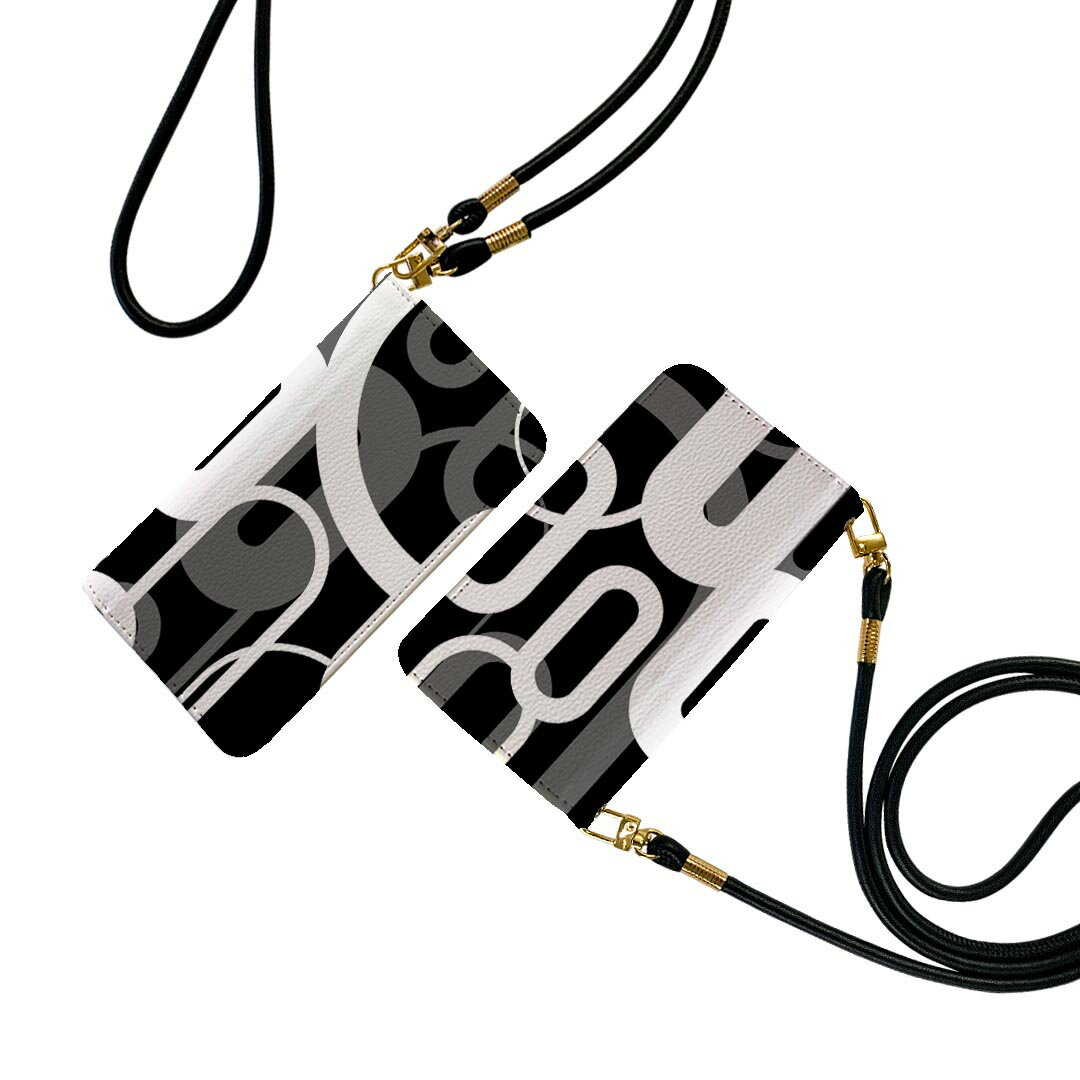 iPhone13pro 6.1インチ 専用 各キャリア iPhone13 Pro プロ 共通対応 ストラップ付き ケース ショルダー スマホ 落下防止 手帳型 マグネット式 ピタッと閉まる スマホカバー 肩掛け 斜めかけ 007886 白黒 模様 ブラック 黒