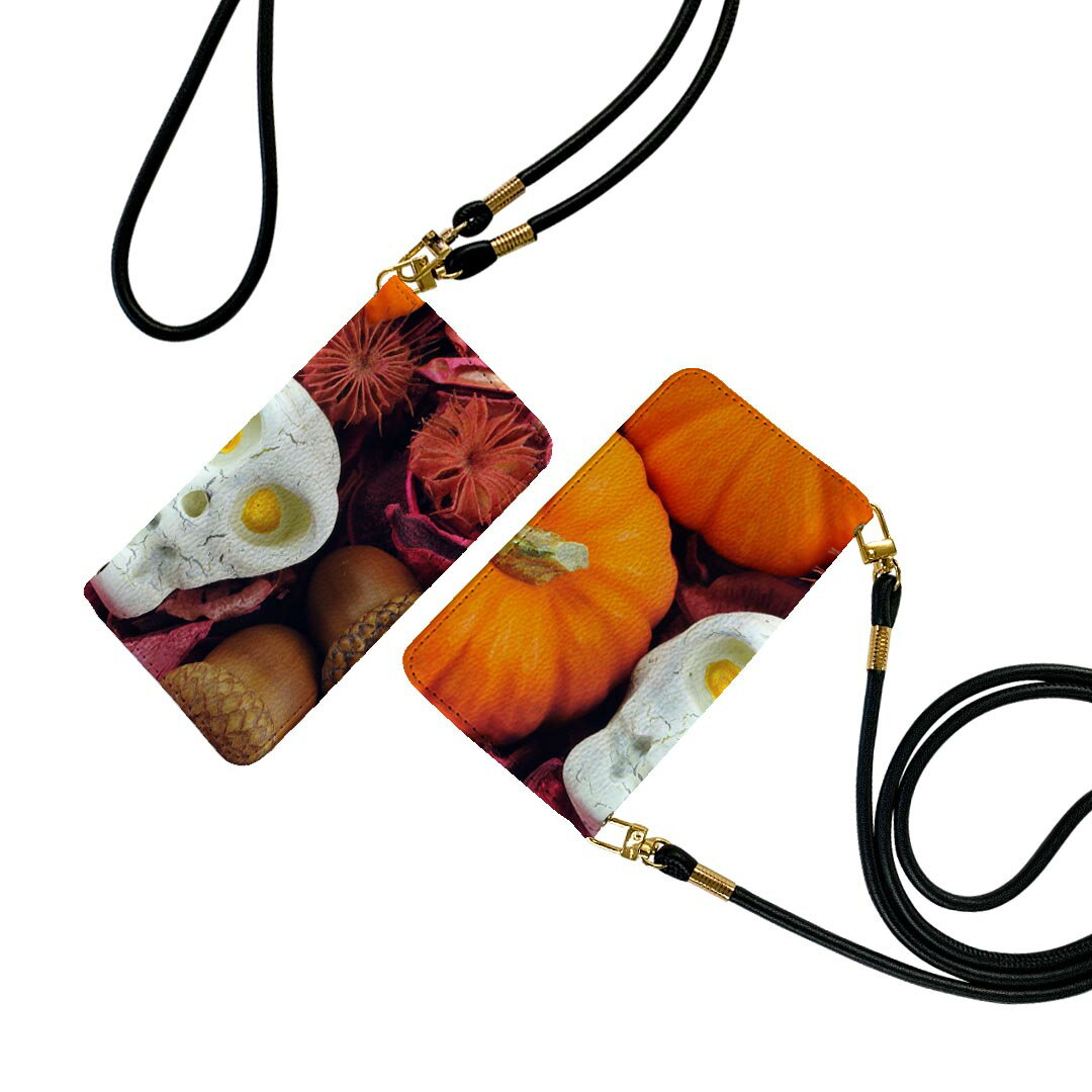 AQUOS sense6 SH-54B SHG05 ストラップ付き sh54b ケース ショルダー スマホ 落下防止 手帳型 マグネット式 ピタッと閉まる スマホカバー 肩掛け 斜めかけ 007956 写真　カボチャ　ハロウィン　骸骨　ドクロ