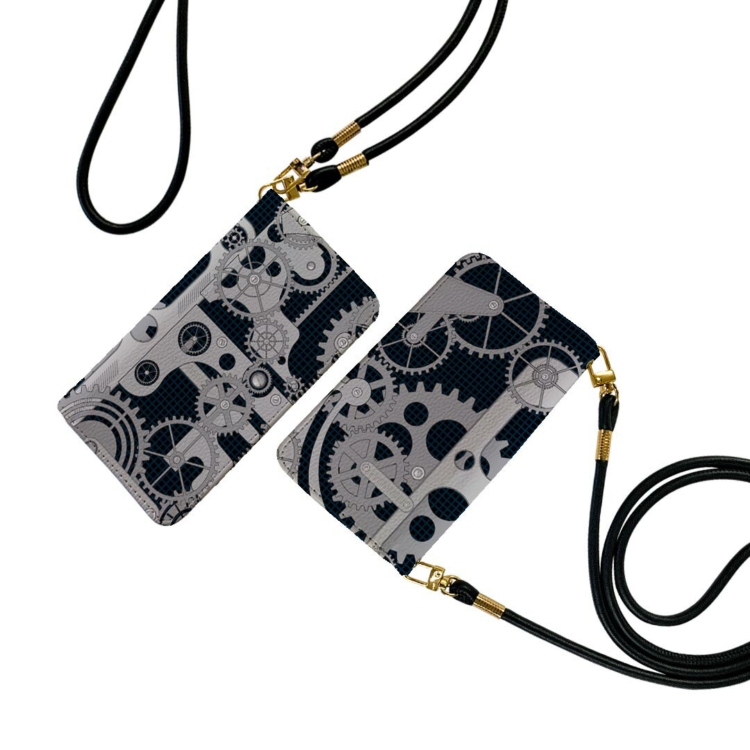 AQUOS R2 SH-03K アクオスR2 ストラップ付き sh03k ケース ショルダー スマホ 落下防止 手帳型 マグネット式 ピタッと閉まる スマホカバー 肩掛け 斜めかけ 008016 黒　ブラック　歯車　イラスト