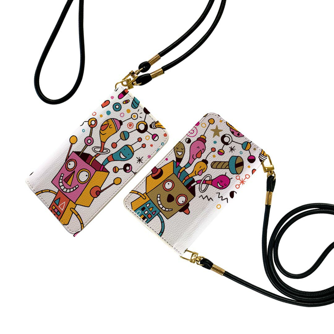 Mobile Phone Cases - Galaxy S25 Ultra 用 SC-52F / SCG32 共通対応 sc52f 手帳型ケース ストラップ付き ショルダー スマホ 落下防止 手帳型 マグネット式 ピタッと閉まる スマホカバー 肩掛け 斜めかけ 008082 ロボット　機械　カラフル　イラスト