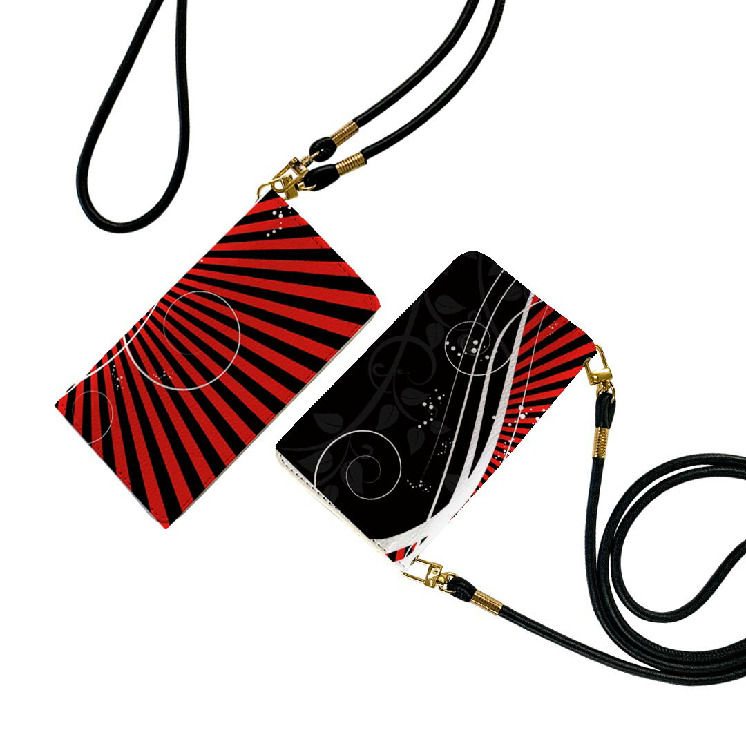 arrows Alpha F-51F 用 手帳型ケース ストラップ付き f51f ショルダー スマホ 落下防止 手帳型 マグネット式 ピタッと閉まる スマホカバー 肩掛け 斜めかけ 008158 ボーダー　赤　レッド　黒　ブラック