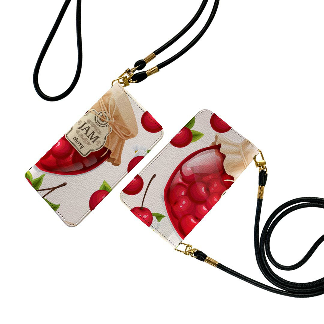 Xperia 1 SO-03L エクスペリア ストラップ付き so03l ケース ショルダー スマホ 落下防止 手帳型 マグネット式 ピタッと閉まる スマホカバー 肩掛け 斜めかけ 008320 イラスト さくらんぼ チェリー 赤 レッド