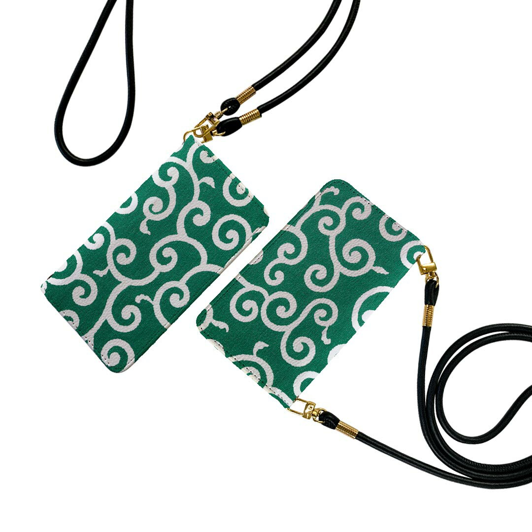 GRATINA KYV48 ストラップ付き ケース ショルダー スマホ 落下防止 手帳型 マグネット式 ピタッと閉まる スマホカバー 肩掛け 斜めかけ 008428 唐草　模様　緑　グリーン　植物(2.0)
