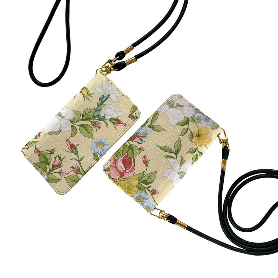 iPhone11 6.1インチ ストラップ付き iphone11 ケース ショルダー スマホ 落下防止 手帳型 マグネット式 ピタッと閉まる スマホカバー 肩掛け 斜めかけ 008438 花　　イエロー　模様(2.0)