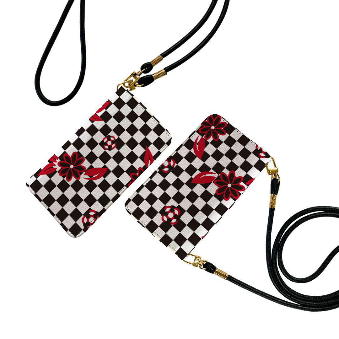 AQUOS zero6 SHG04 A102SH SH-RM18 ストラップ付き 2021 モデル ケース ショルダー スマホ 落下防止 手帳型 マグネット式 ピタッと閉まる スマホカバー 肩掛け 斜めかけ 008442 花　　赤　レッド　市松模様