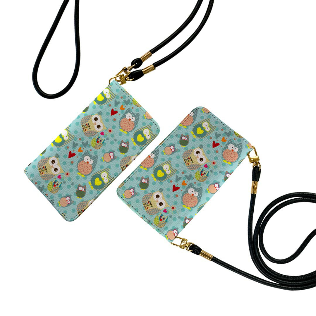 Arrows We F-51B FCG01 用 ケース カバー 手帳 f51d 共通対応 ストラップ付き ケース ショルダー スマホ 落下防止 手帳型 マグネット式 ピタッと閉まる スマホカバー 肩掛け 斜めかけ 008617 フクロウ　水色　模様　水玉のサムネイル