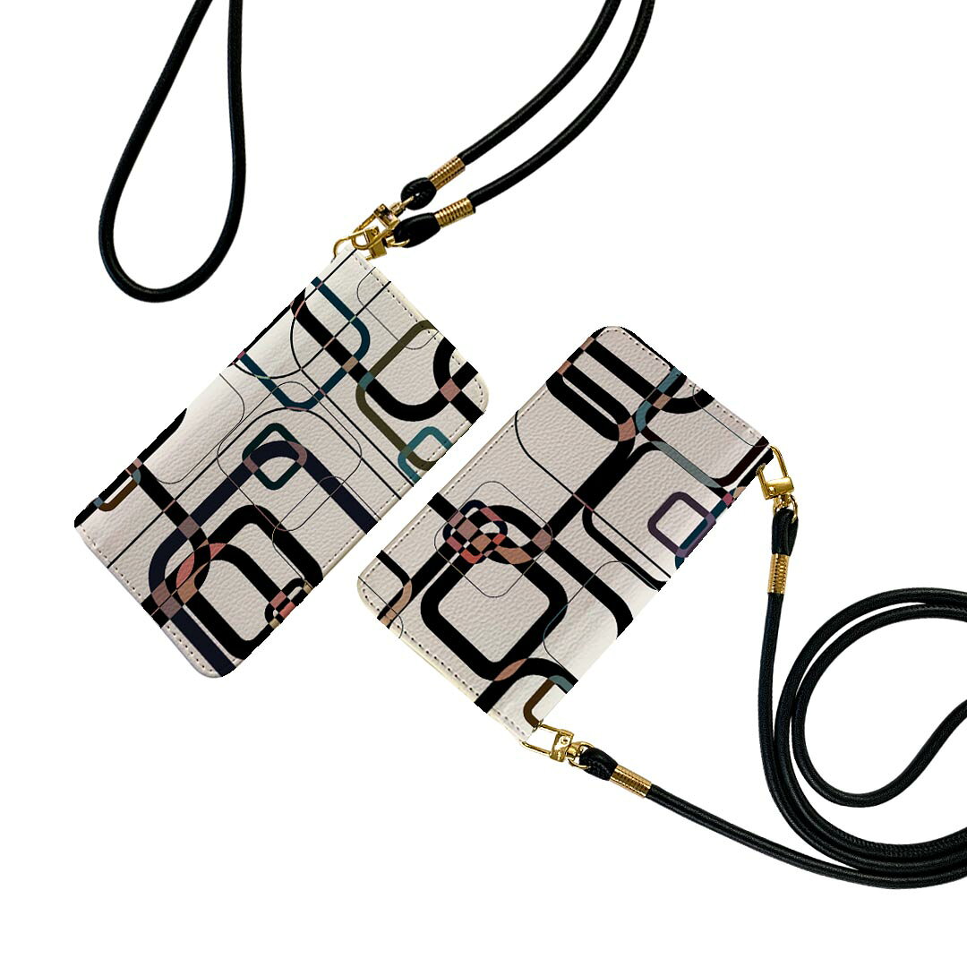 Galaxy A54 5G ギャラクシー SC-53D SCG21 専用 ケース 共通対応 ストラップ付き sc53d ショルダー スマホ 落下防止 手帳型 マグネット式 ピタッと閉まる スマホカバー 肩掛け 斜めかけ 008697 模様 黒 ブラック 白