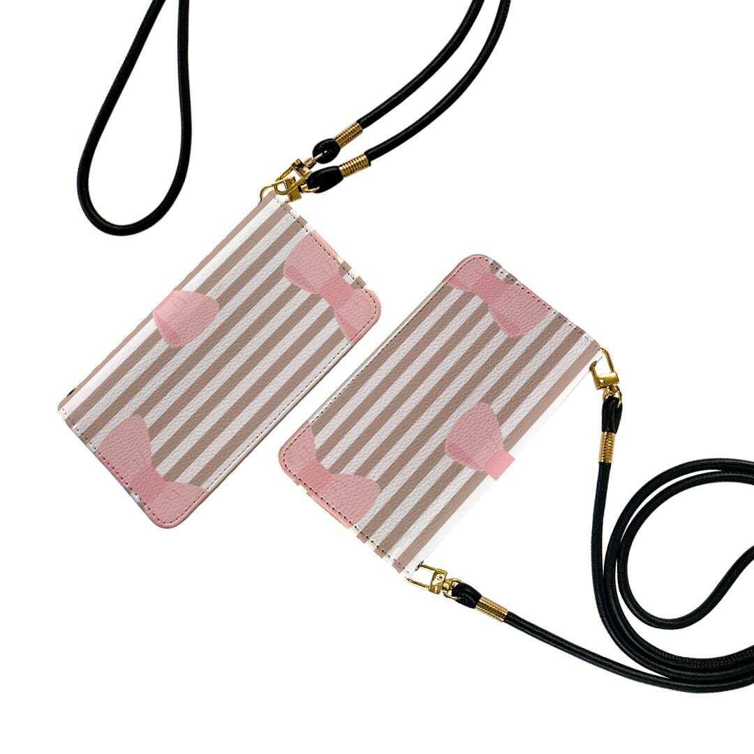 iPhone7plus / iPhone8plus / iPhone6plus / iPhone6splus 用 手帳型ケース ストラップ付き ショルダー スマホ 落下防止 手帳型 マグネット式 ピタッと閉まる スマホカバー 肩掛け 斜めかけ 008751 ストライプ ピンク リボン