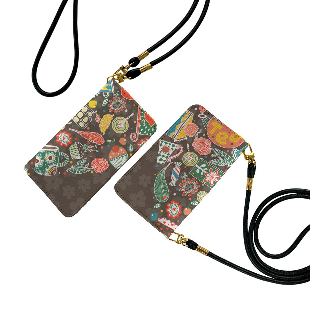 GRATINA KYV48 ストラップ付き ケース ショルダー スマホ 落下防止 手帳型 マグネット式 ピタッと閉まる スマホカバー 肩掛け 斜めかけ 008826 イラスト　ハート　ティー(2.0)