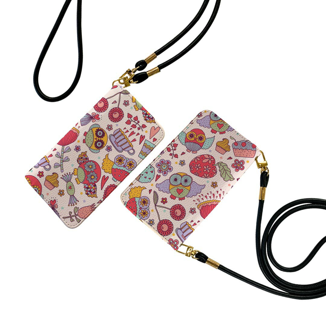 iPhone15 6.1インチ 専用 各キャリア iPhone 15 共通対応 ストラップ付き ケース ショルダー スマホ 落下防止 手帳型 マグネット式 ピタッと閉まる スマホカバー 肩掛け 斜めかけ 008887 イラスト　ピンク　フクロウ　ハート(2.0)