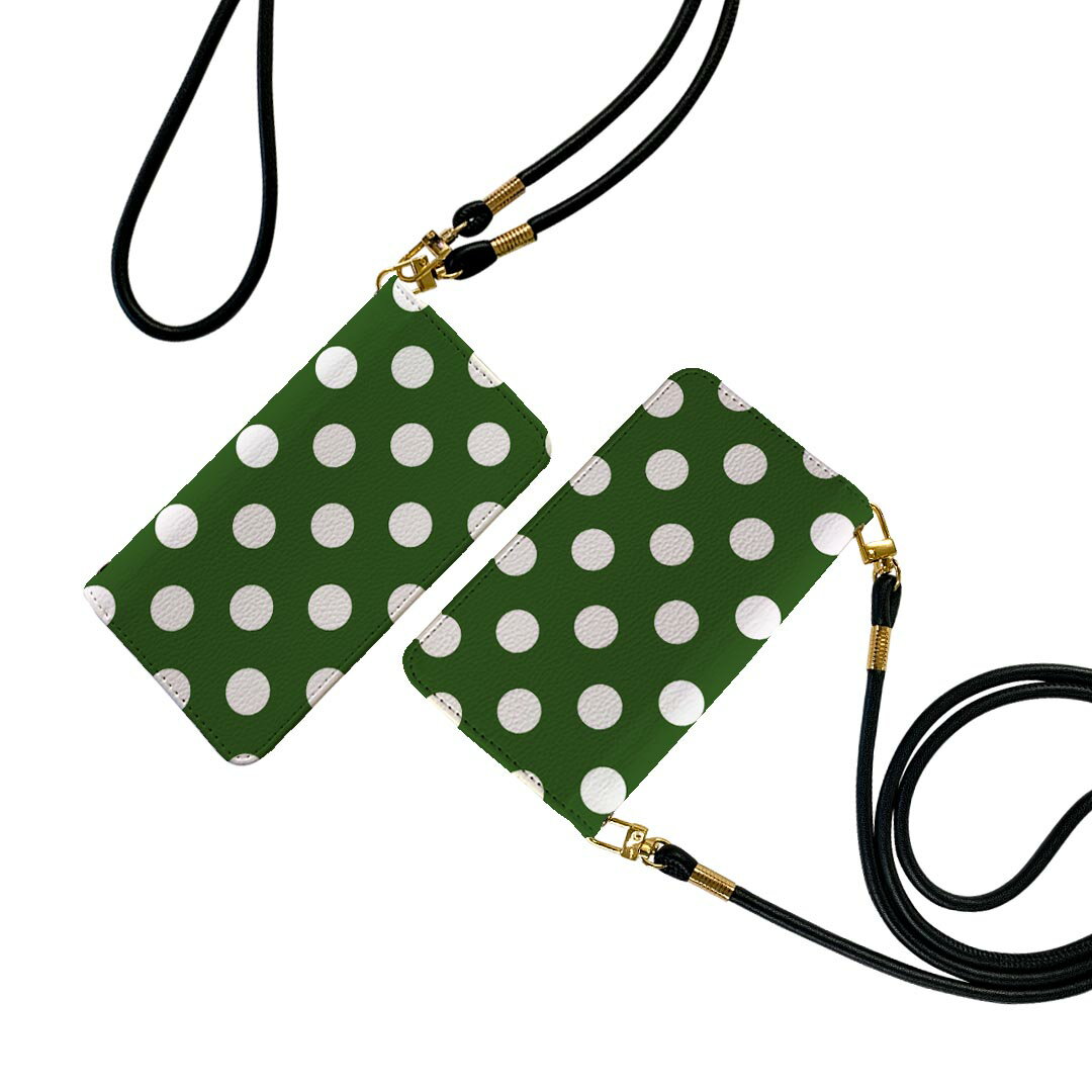 iPhone13 6.1インチ 専用 各キャリア ストラップ付き iphone 13 ケース ショルダー スマホ 落下防止 手帳型 マグネット式 ピタッと閉まる スマホカバー 肩掛け 斜めかけ 009089 シンプル　水玉　ドット　緑