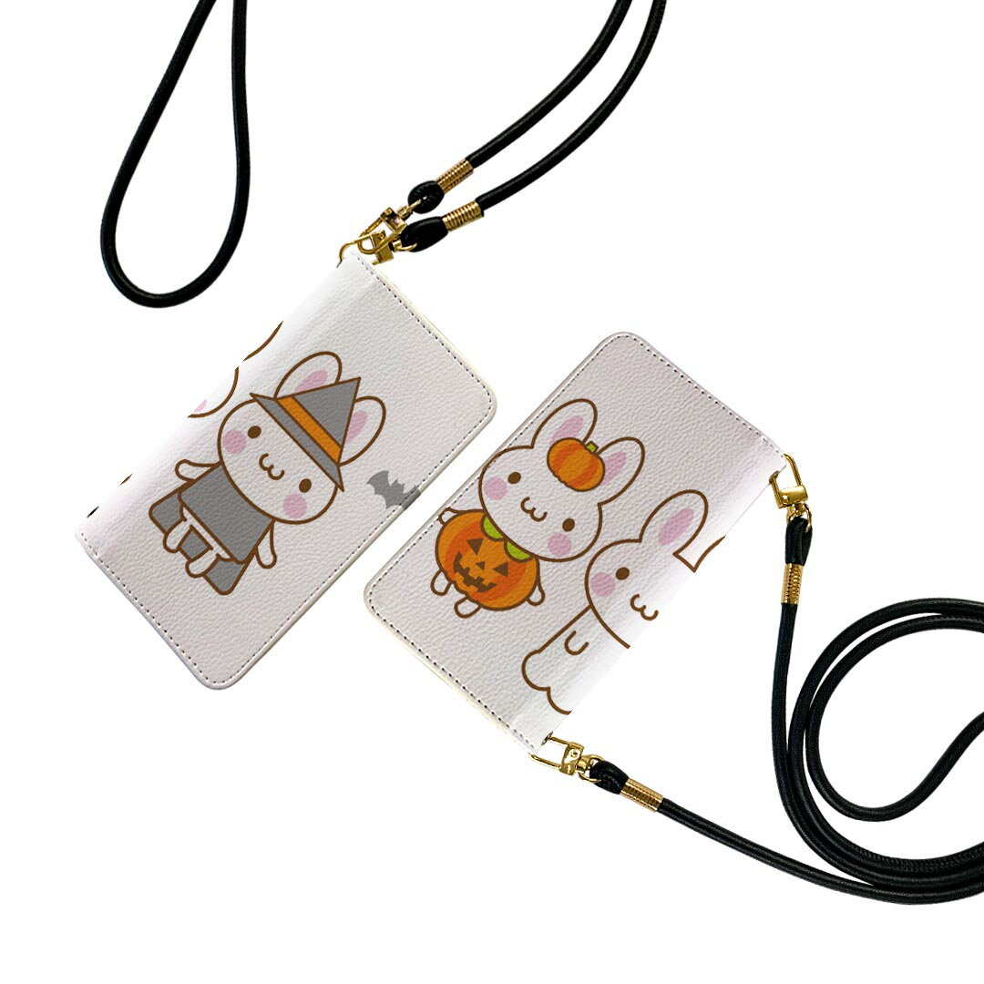 iPhone14 6.1インチ 専用 各キャリア iPhone 14 共通対応 ストラップ付き iphone14 ケース ショルダー スマホ 落下防止 手帳型 マグネット式 ピタッと閉まる スマホカバー 肩掛け 斜めかけ 009140 動物　ハロウィン　うさぎ