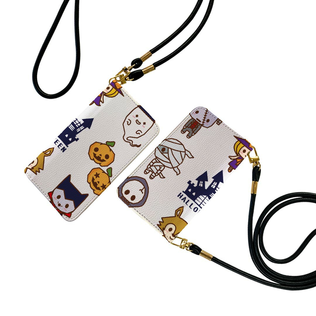 iPhone15plus 6.7 インチ 専用 各キャリア iPhone 15 plus 共通対応 ストラップ付き ケース ショルダー スマホ 落下防止 手帳型 マグネット式 ピタッと閉まる スマホカバー 肩掛け 斜めかけ 009388 ハロウィン　キャラクター　英語