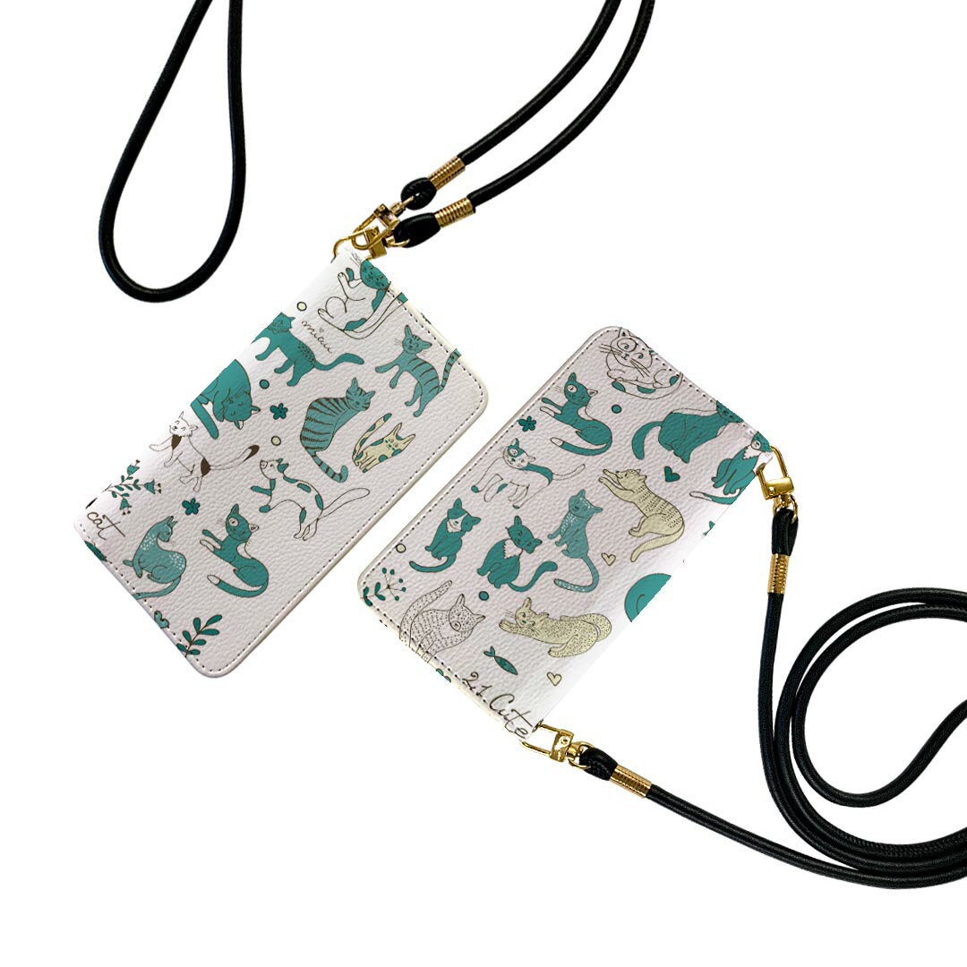 Galaxy A55 5G 用 手帳型ケース SC-53E / SCG27 共通対応 ケース ストラップ付き ショルダー スマホ 落下防止 手帳型 マグネット式 ピタッと閉まる スマホカバー 肩掛け 斜めかけ 010399 動物　猫　緑