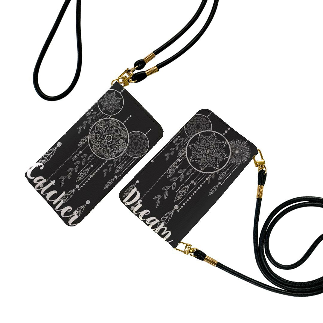 Galaxy S23 SC-51D SCG19 用 ケース カバー 手帳 sc51d 共通対応 ストラップ付き ケース ショルダー スマホ 落下防止 手帳型 マグネット式 ピタッと閉まる スマホカバー 肩掛け 斜めかけ 010415 ドリームキャッチャー　羽　黒(2.0)