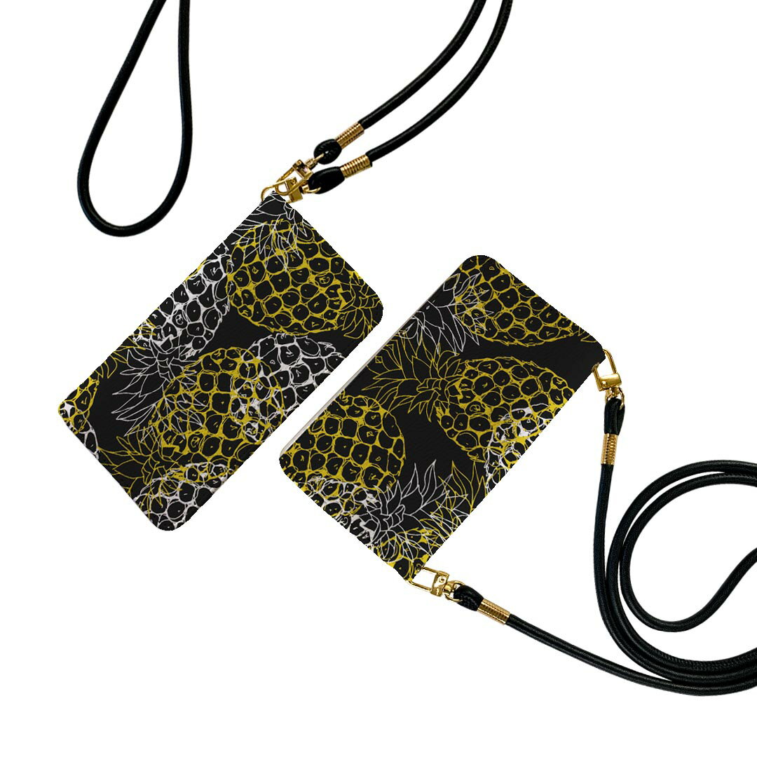 AQUOS R5G SH-51A アクオスr5g ストラップ付き sh51a ケース ショルダー スマホ 落下防止 手帳型 マグネット式 ピタッと閉まる スマホカバー 肩掛け 斜めかけ 010554 パイナップル　黒　果物のサムネイル