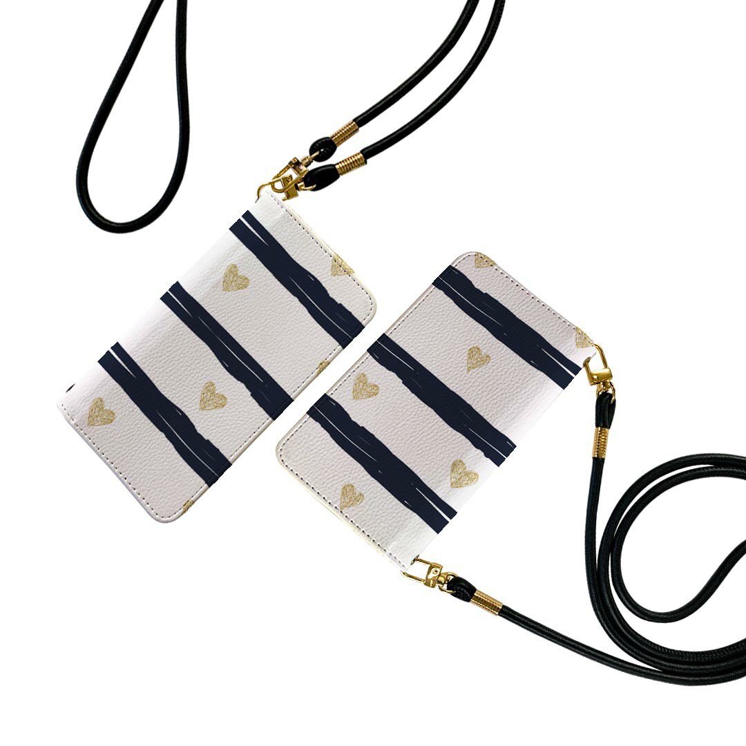 LG V60 ThinQ 5G L-51A ストラップ付き l51a ケース ショルダー スマホ 落下防止 手帳型 マグネット式 ピタッと閉まる スマホカバー 肩掛け 斜めかけ 010571 ハート　ボーダー　白