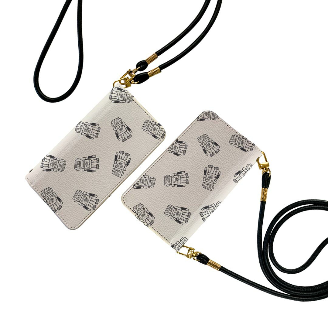 SH-02M AQUOS sense3 アクオス センススリー ストラップ付き sh02m ケース ショルダー スマホ 落下防止 手帳型 マグネット式 ピタッと閉まる スマホカバー 肩掛け 斜めかけ 010674 ロボット　白　黒