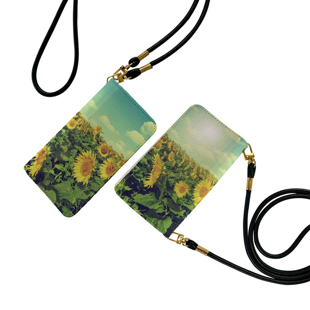 Galaxy S23 SC-51D SCG19 用 ケース カバー 手帳 sc51d 共通対応 ストラップ付き ケース ショルダー スマホ 落下防止 手帳型 マグネット式 ピタッと閉まる スマホカバー 肩掛け 斜めかけ 011053 花　ひまわり　夏