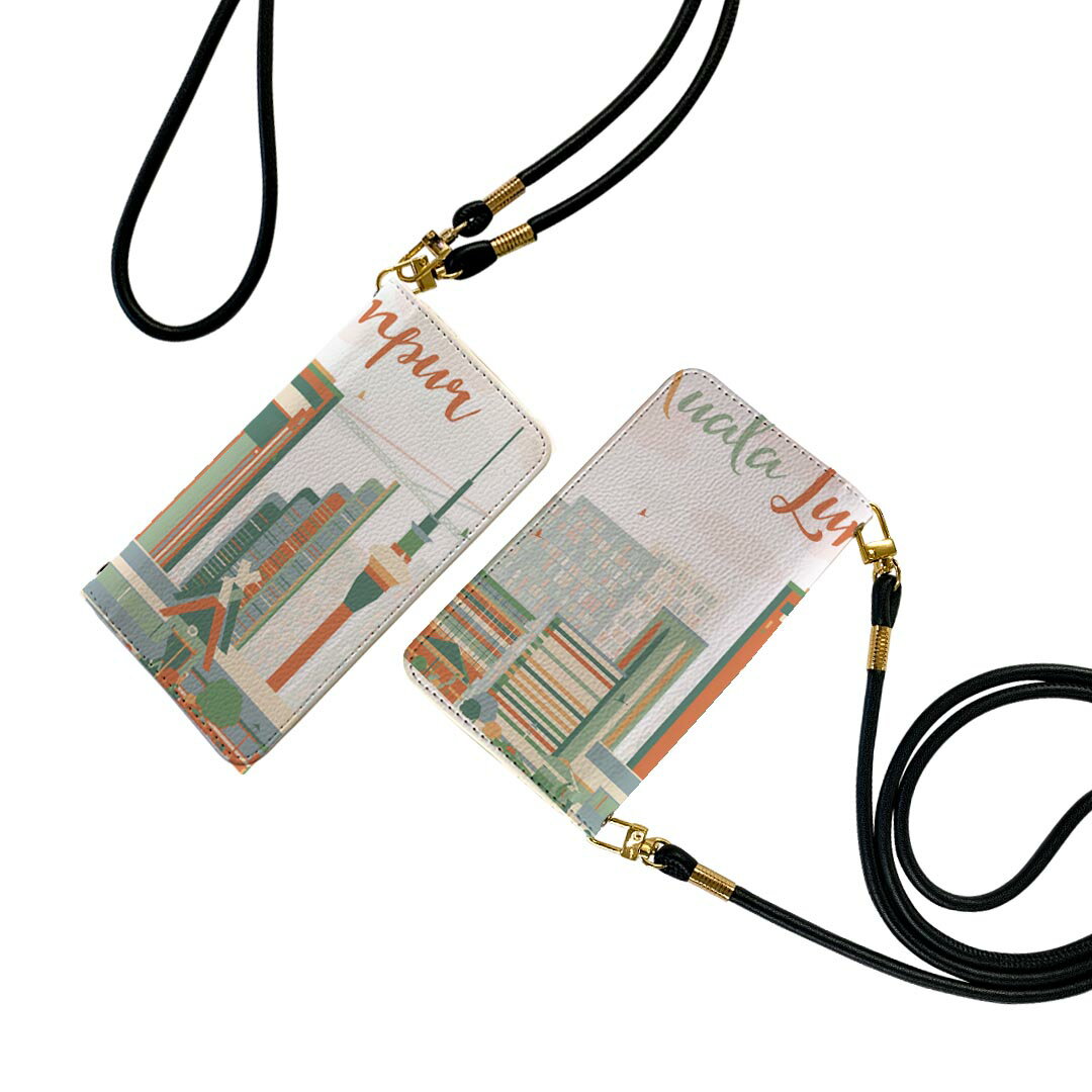 AQUOS wish5 用 SH-52F / SH-M32 共通対応 手帳型ケース ストラップ付き ショルダー sh52f スマホ 落下防止 手帳型 マグネット式 ピタッと閉まる スマホカバー 肩掛け 斜めかけ 011210 マレーシア 外国 建物