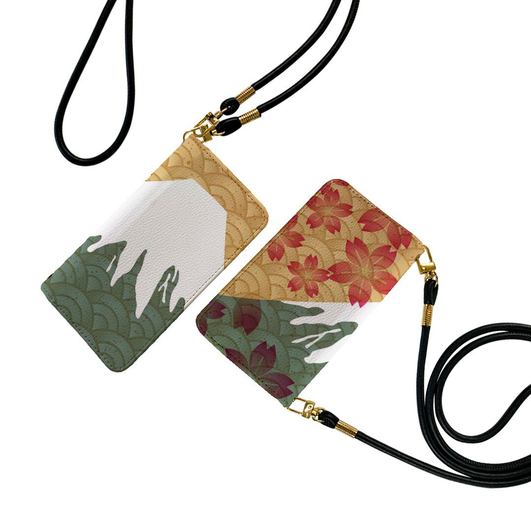 Galaxy A21 SC-42A ギャラクシー sc42a ストラップ付き ケース ショルダー スマホ 落下防止 手帳型 マグネット式 ピタッと閉まる スマホカバー 肩掛け 斜めかけ 011474 和風　和柄　富士山