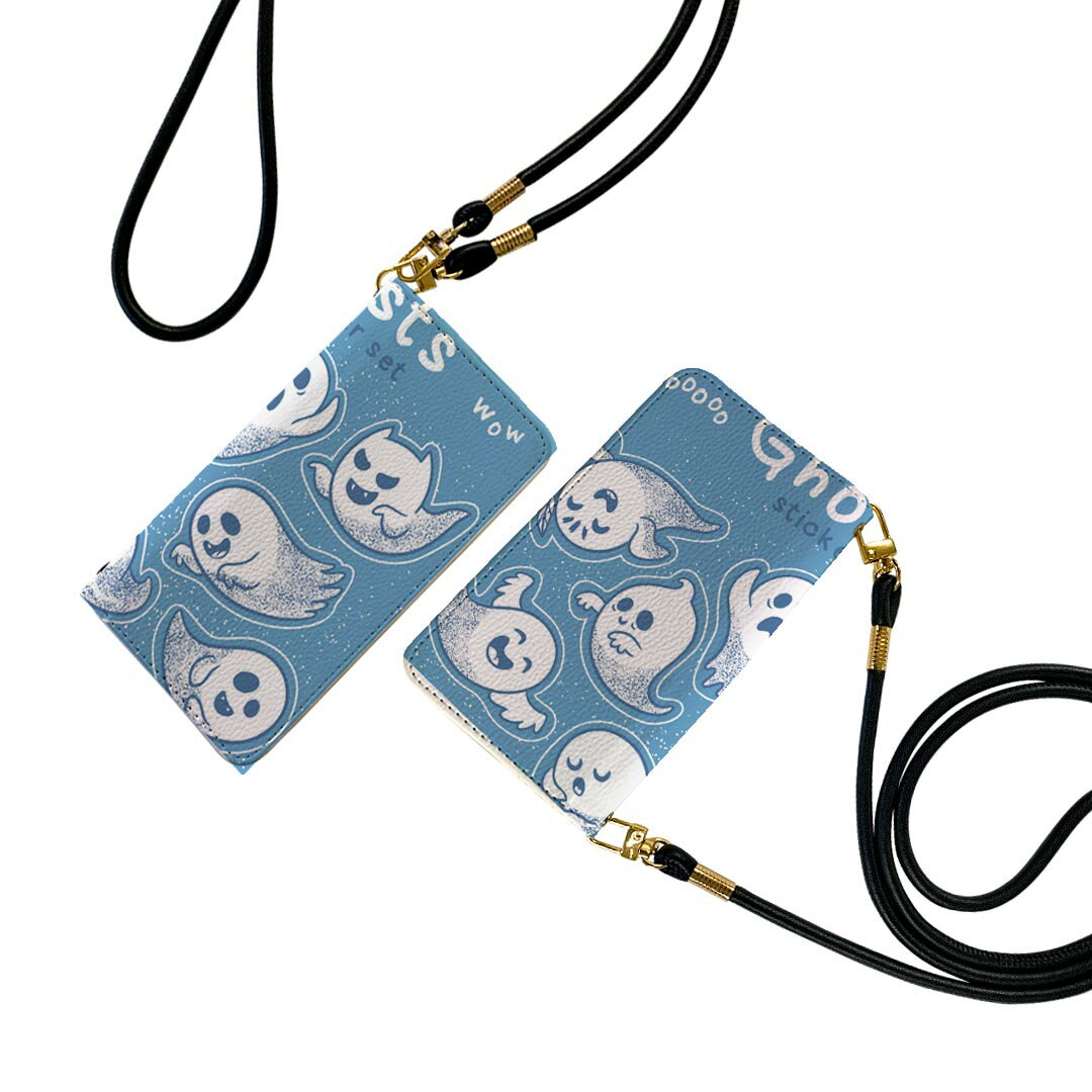 arrows N F-51C 用 手帳型 ケース カバー F-51C 対応 ケース ストラップ付き ケース ショルダー スマホ 落下防止 手帳型 マグネット式 ピタッと閉まる スマホカバー 肩掛け 斜めかけ 011691 おばけ　キャラクター　ゴースト