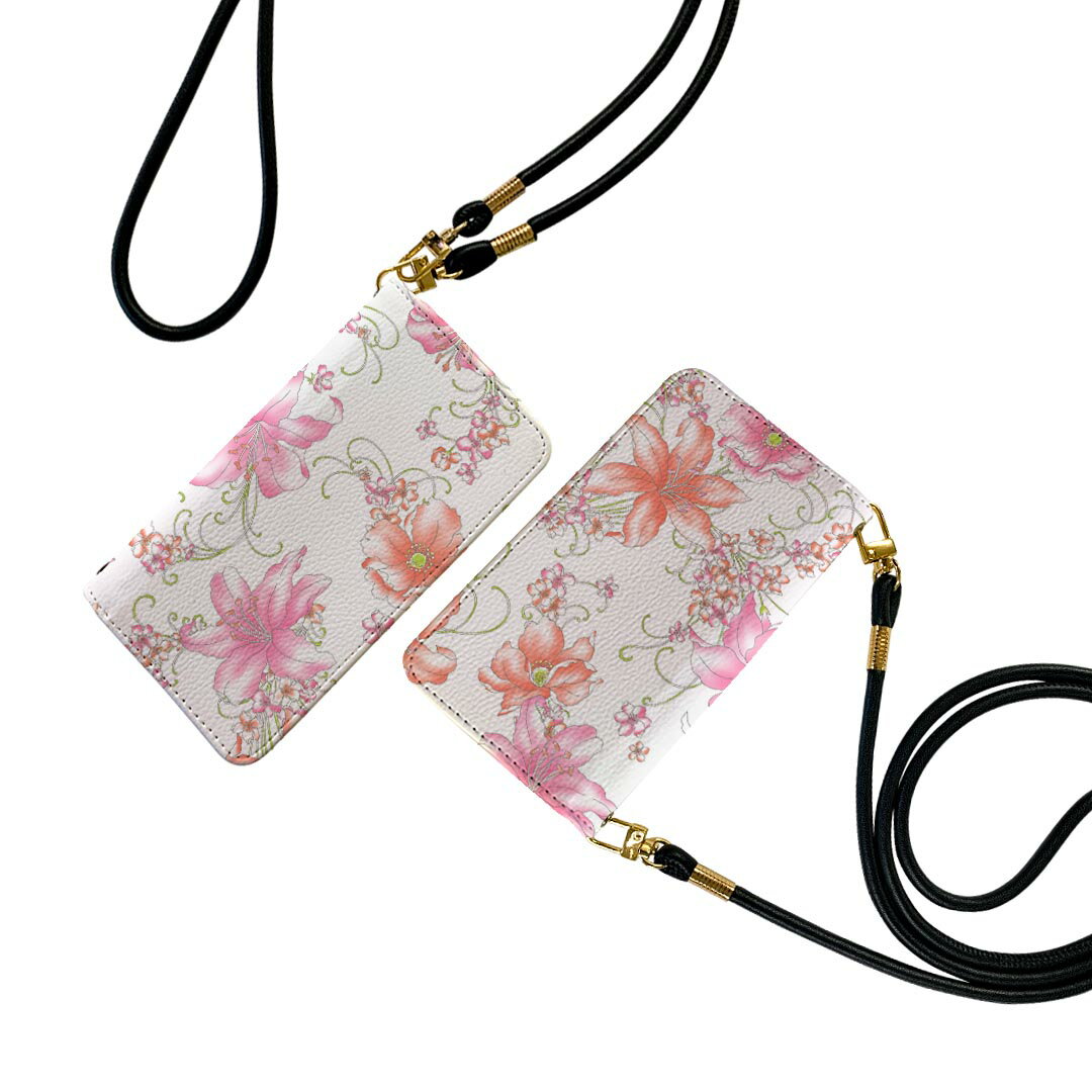 Galaxy S24 用 手帳型 ケース カバー SC-51E / SCG25 / SM-S921 共通対応 ストラップ付き ケース ショルダー スマホ 落下防止 手帳型 マグネット式 ピタッと閉まる スマホカバー 肩掛け 斜めかけ 011900 花柄　ピンク　おしゃれ