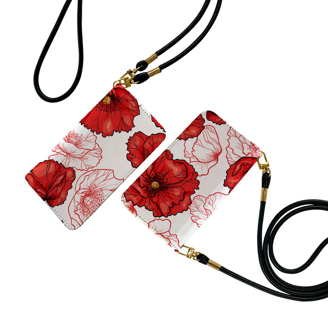 Galaxy Note20 Ultra 5G SC-53A ストラップ付き sc53a ケース ショルダー スマホ 落下防止 手帳型 マグネット式 ピタッと閉まる スマホカバー 肩掛け 斜めかけ 011911 花柄 赤 おしゃれ