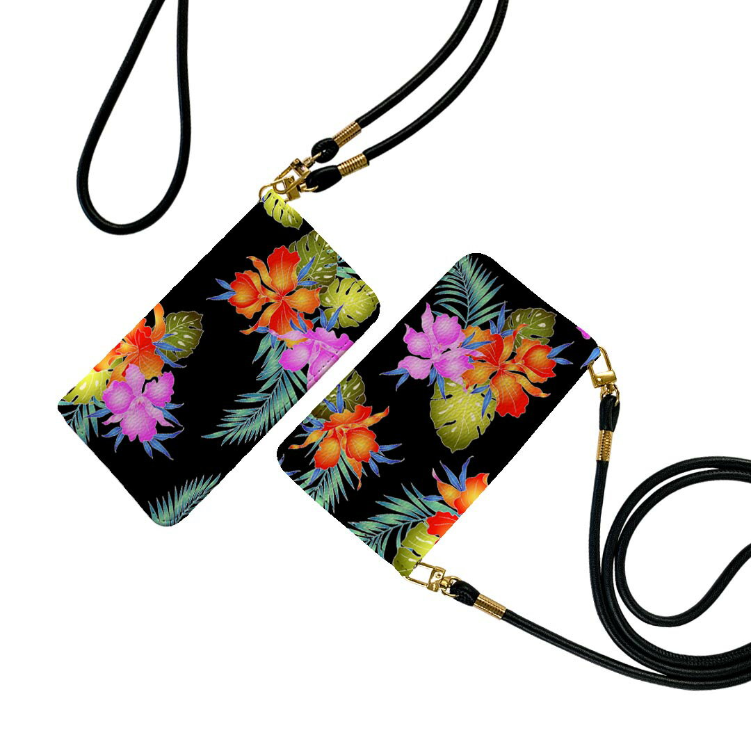 iPhone12 6.1インチ 専用 各キャリア iPhone 12 / iPhone12 Pro 共通対応 ストラップ付き ケース ショルダー スマホ 落下防止 手帳型 マグネット式 ピタッと閉まる スマホカバー 肩掛け 斜めかけ 011926 黒 カラフル 花