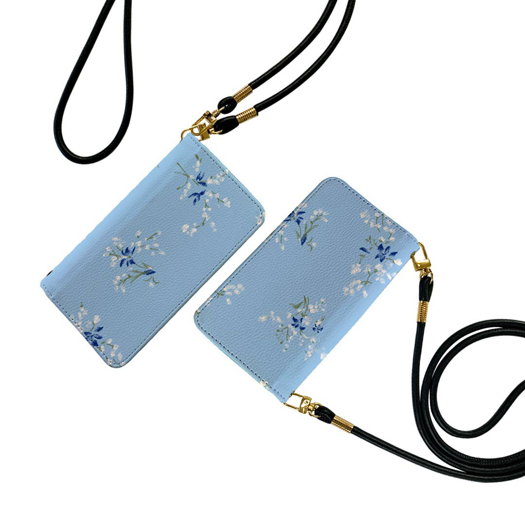 Galaxy A21 SC-42A ギャラクシー sc42a ストラップ付き ケース ショルダー スマホ 落下防止 手帳型 マグネット式 ピタッと閉まる スマホカバー 肩掛け 斜めかけ 011975 花 水色 花柄