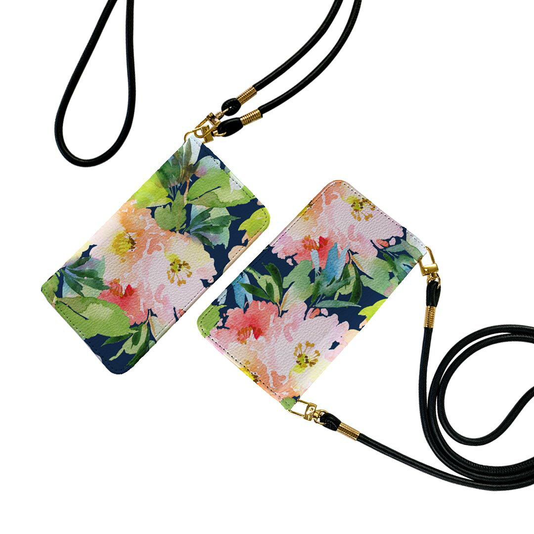 AQUOS R2 SH-03K アクオスR2 ストラップ付き sh03k ケース ショルダー スマホ 落下防止 手帳型 マグネット式 ピタッと閉まる スマホカバー 肩掛け 斜めかけ 012058 花　植物　ネイビー