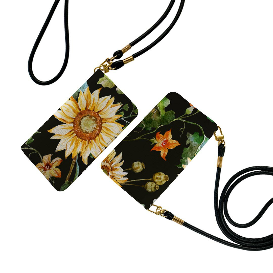 SO-03H Xperia Z5 premium エクスペリア プレミアム ストラップ付き so03h ケース ショルダー スマホ 落下防止 手帳型 マグネット式 ピタッと閉まる スマホカバー 肩掛け 斜めかけ 012091 ひまわり　花　黒