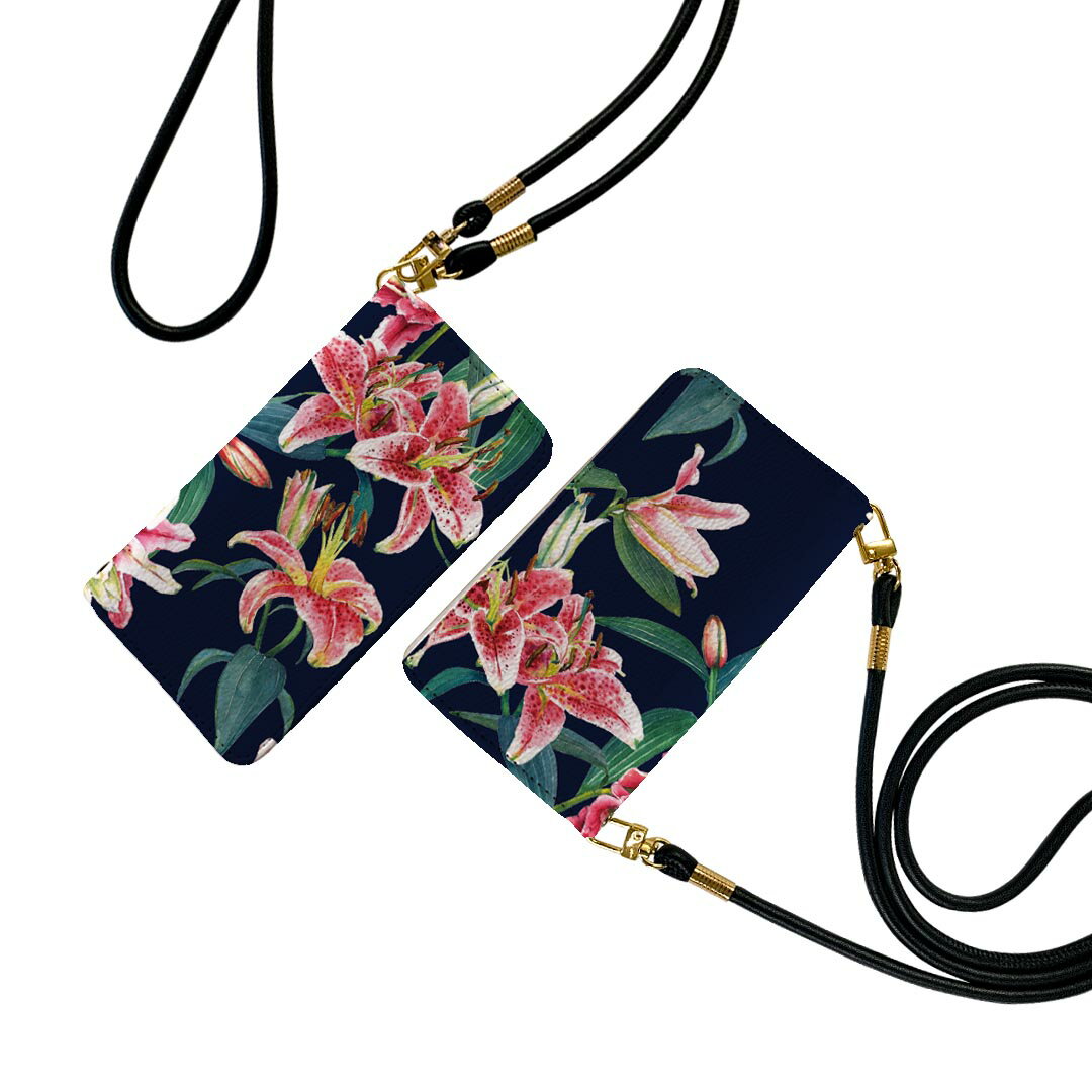 SH-02J AQUOS Ever アクオス エバー ストラップ付き sh02j ケース ショルダー スマホ 落下防止 手帳型 マグネット式 ピタッと閉まる スマホカバー 肩掛け 斜めかけ 012130 花　植物　ネイビー