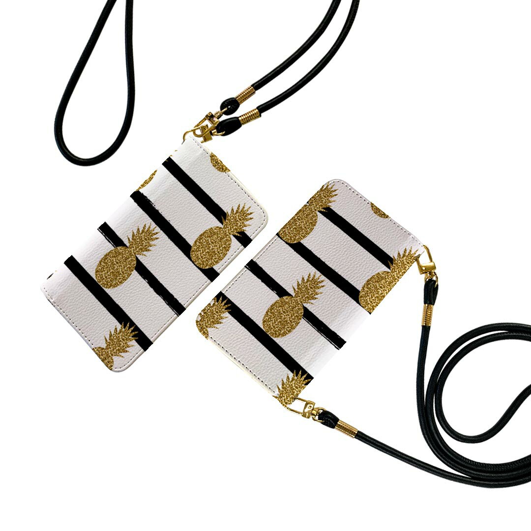 シンプルスマホ3 509SH ストラップ付き ケース ショルダー スマホ 落下防止 手帳型 マグネット式 ピタッと閉まる スマホカバー 肩掛け 斜めかけ 012139 パイナップル　ボーダー　夏